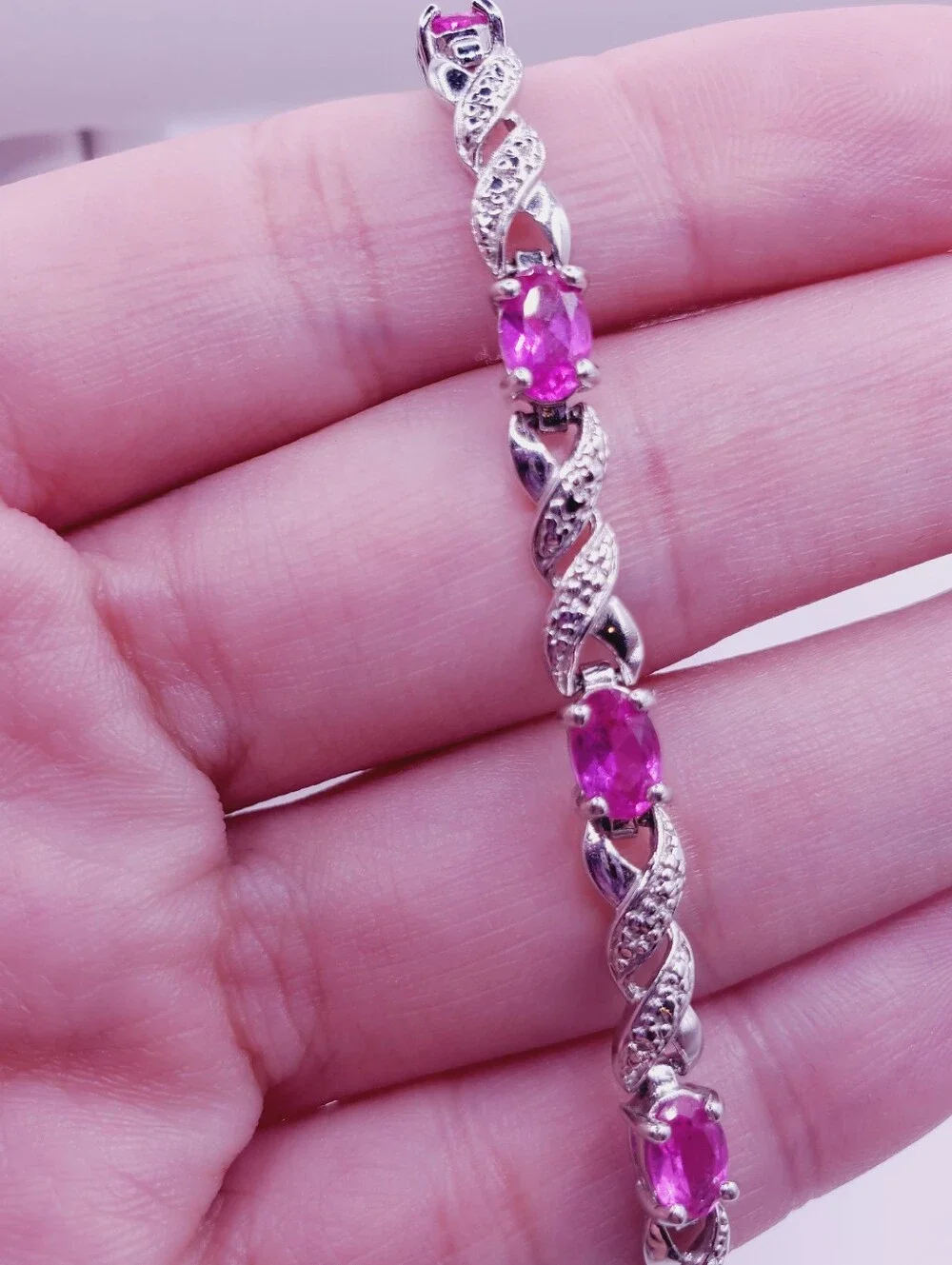 4 Carat Pink Sapphire & Diamond Accent Twist Tennis Bracelet - 925 Silver